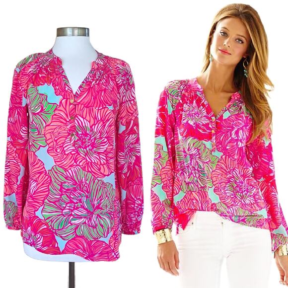 LILLY PULITZER Silk Elsa Blouse Top Small "Worth It" Pink Floral Gator - Picture 1 of 10